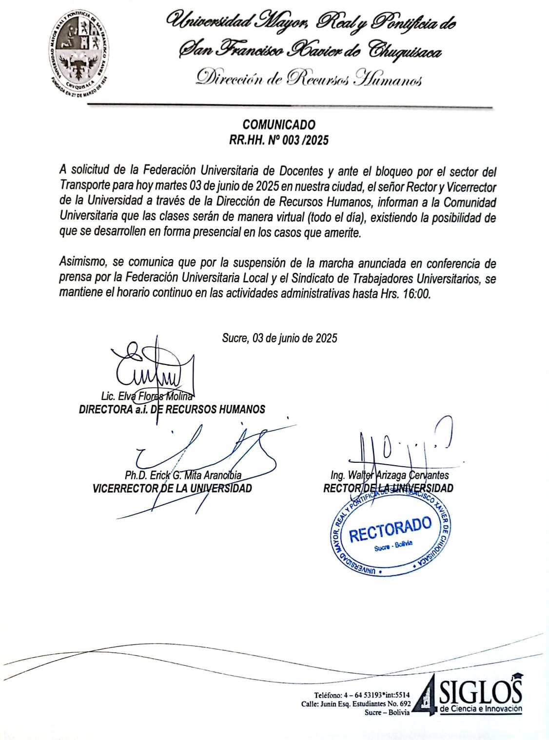 COMUNICADO RR.HH. Nº 003/2025, SUSPENSIÓN DE LA MARCHA Y ACTIVIDADES ACADÉMICAS VIRTUALES EL 03 DE JUN DEL 2025, ACTIVIDADES ADMINISTRATIVAS EN HORARIO CONTINUO SEGÚN LA ORDEN 042/2025.
