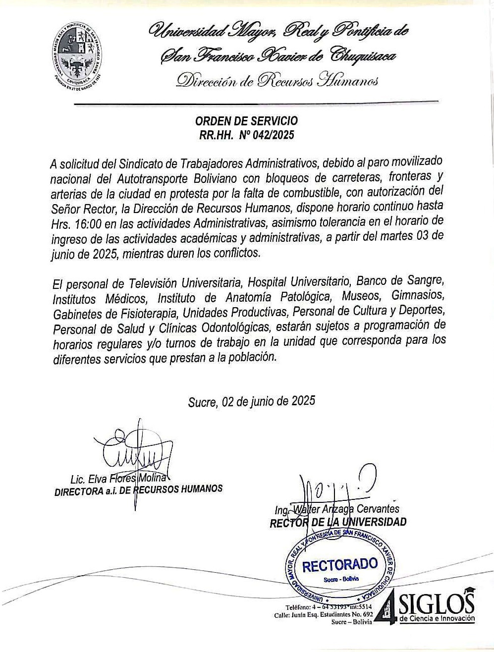 ORDEN DE SERVICIO RR.HH. Nº 042/2025, HORARIO CONTINUO EN ACTIVIDADES ADMINISTRATIVAS Y TOLERANCIA INGRESO ACTIVIDADES ACADÉMICAS.