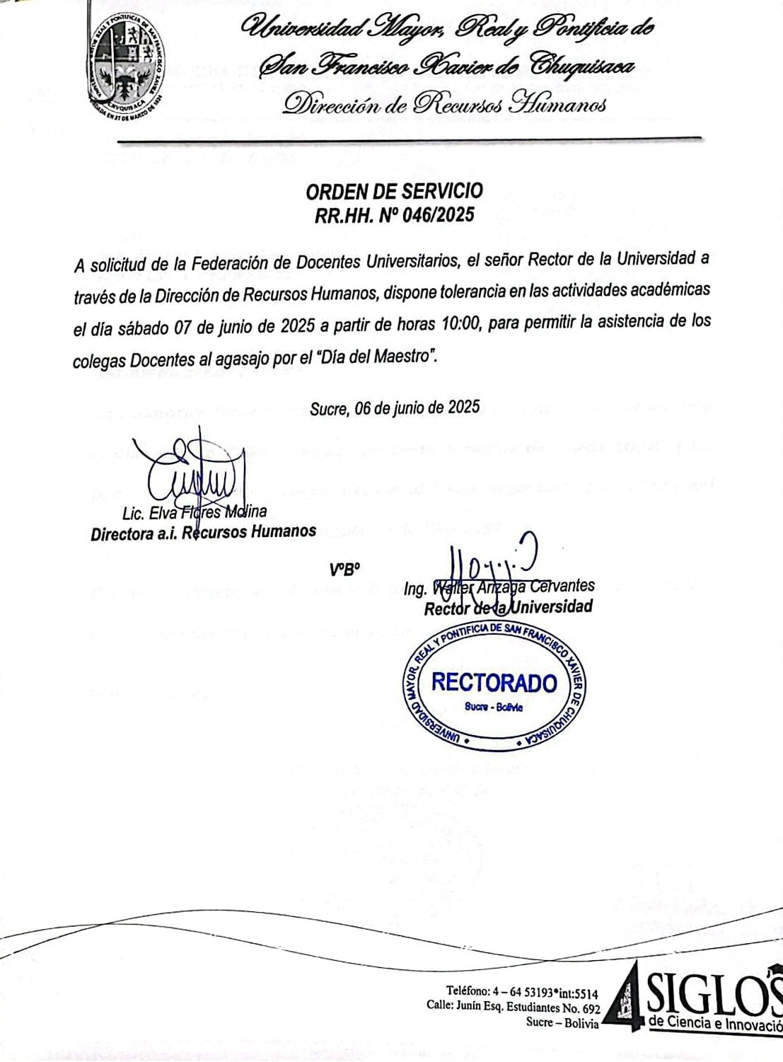 ORDEN DE SERVICIO RR.HH. Nº 046/2025, TOLERANCIA EN ACTIVIDADES ACADÉMICAS 07 DE JUNIO DEL 2025.