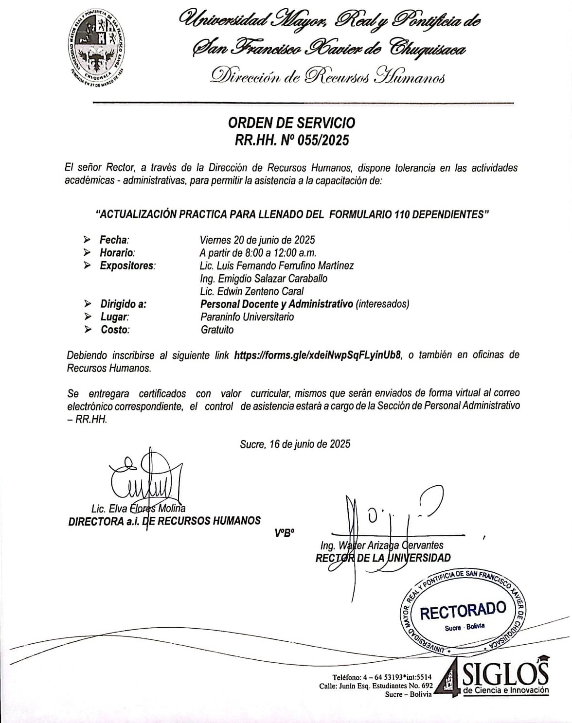 ORDEN DE SERVICIO RR.HH. Nº 055/2025, ACTUALIZACIÓN PRACTICA, LLENADO DEL FORMULARIO 110 RC-IVA PARA DEPENDIENTES 20 DE JUNIO DEL 2025.