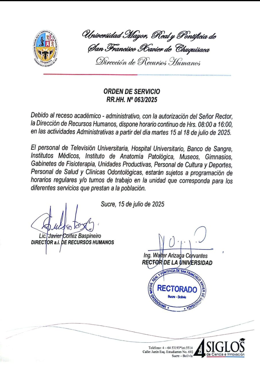 Orden de Servicio No. 63/2025 – Horario continuo actividades administrativas