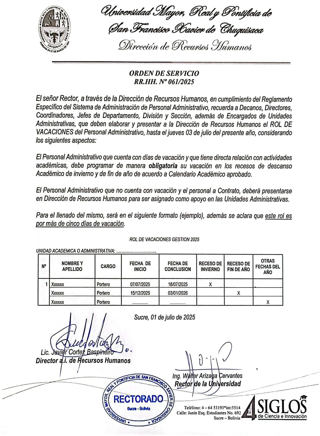 ORDEN DE SERVICIO RR.HH. Nº 061/2025, PRESENTACIÓN ROL DE VACACIONES DEL PERSONAL ADMINISTRATIVO HASTA EL 03 DE JULIO DEL 2025.