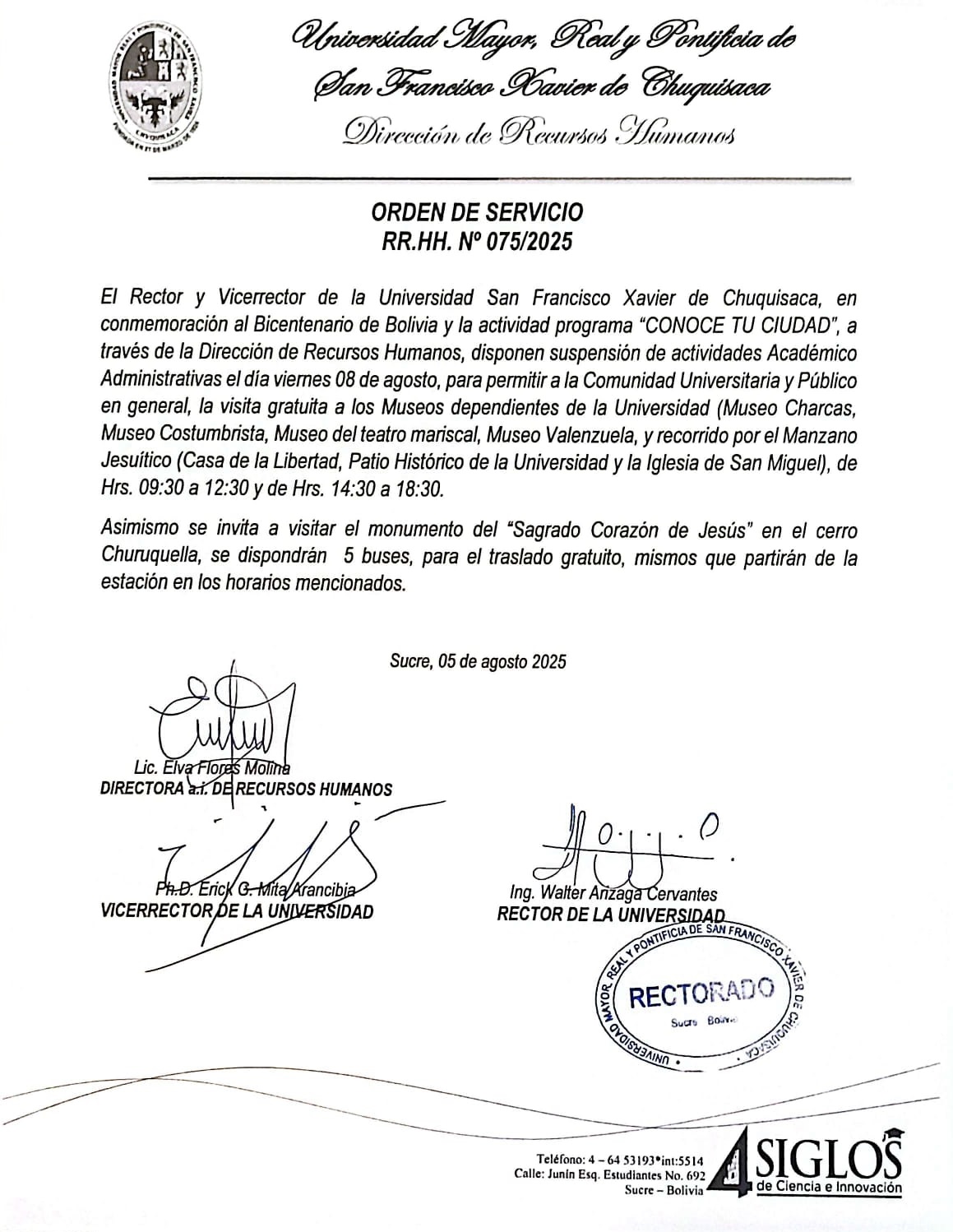 ORDEN DE SERVICIO RR.HH. Nº 075/2025,  CONMEMORANDO EL BICENTENARIO LA UNIVERSIDAD TE INVITA A CONOCER TU CIUDAD, EL 08 DE AGOSTO DEL 2025.