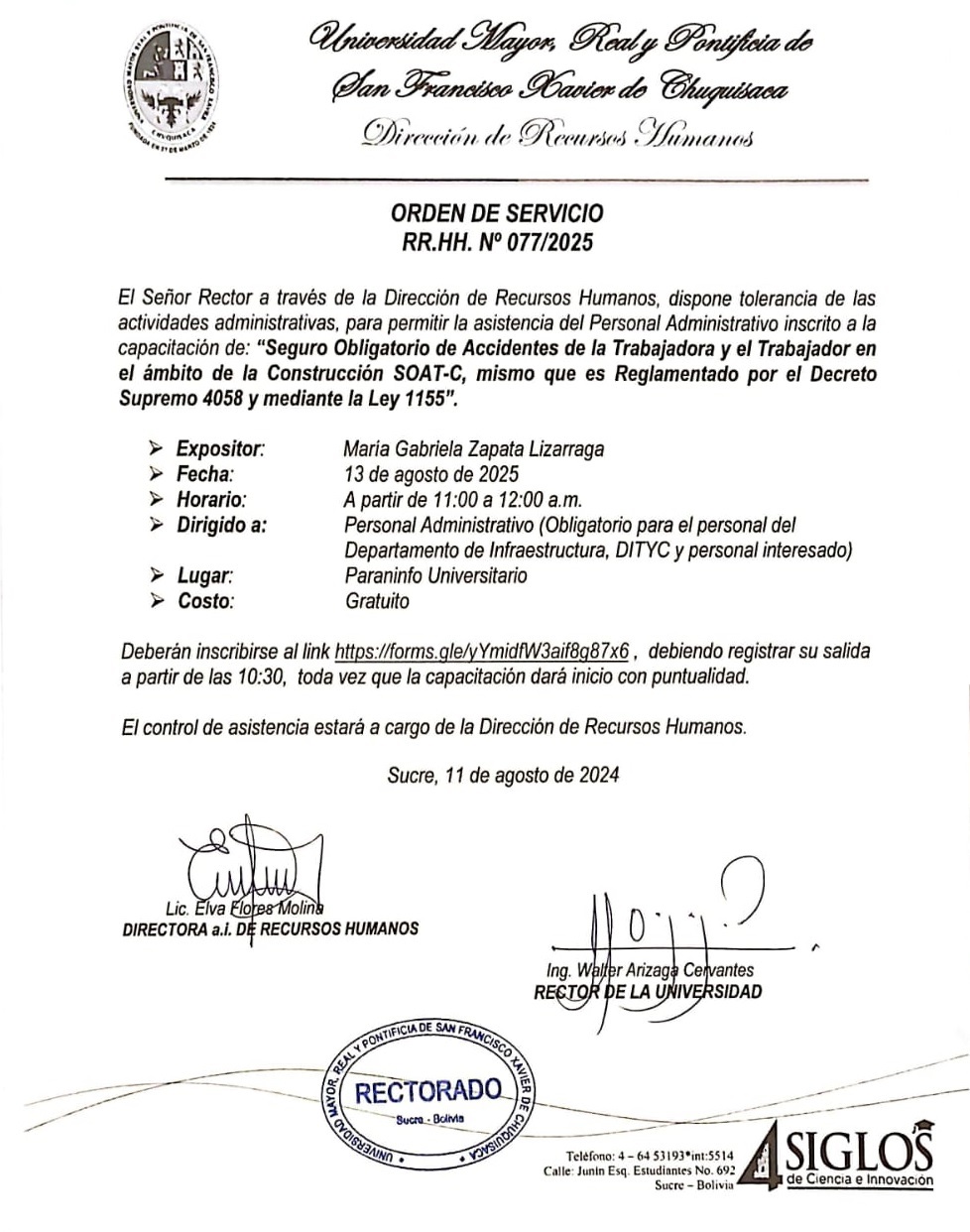 ORDEN DE SERVICIO RR.HH. Nº 077/2025, CURSO DE CAPACITACIÓN SOAT-C, REGLAMENTADO POR EL DS 4058 Y LEY 1155, TOLERANCIA PARA LOS INSCRITOS.