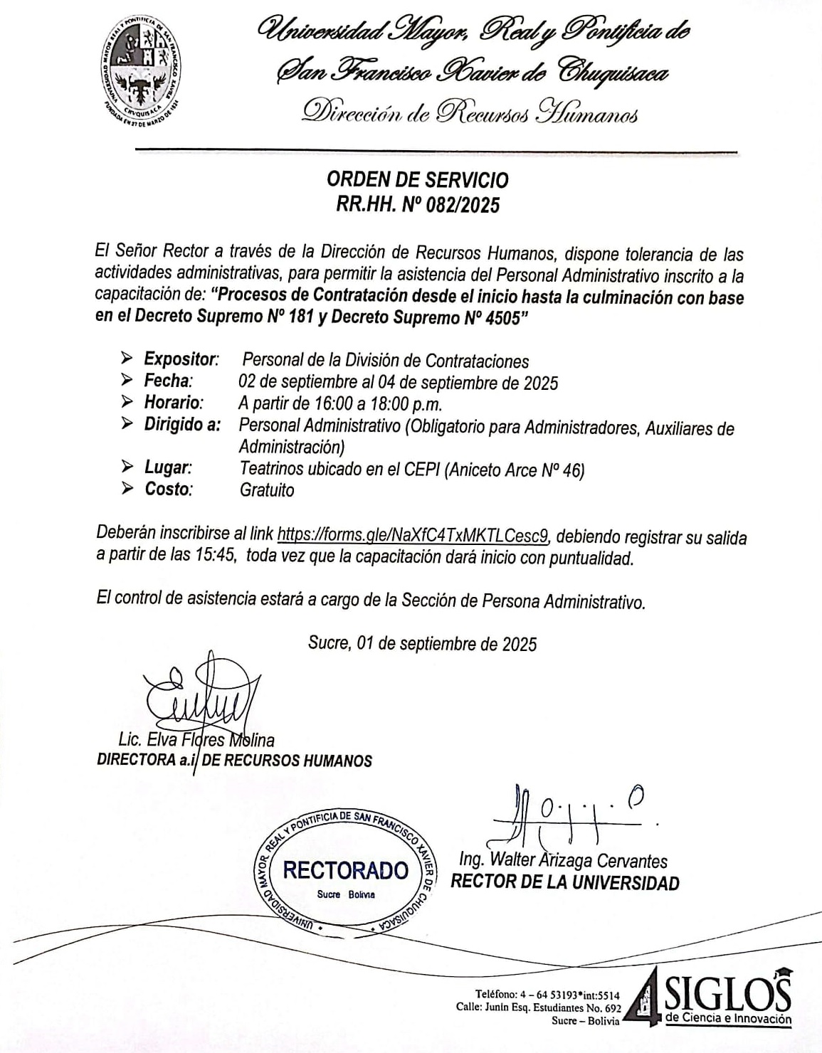 ORDEN DE SERVICIO RR.HH. Nº 082/2025, TOLERANCIA EN ACTIVIDADES ADMINISTRATIVAS, CURSO DE CAPACITACIÓN DS. 181 Y DS. 4505, 02/09/2025.