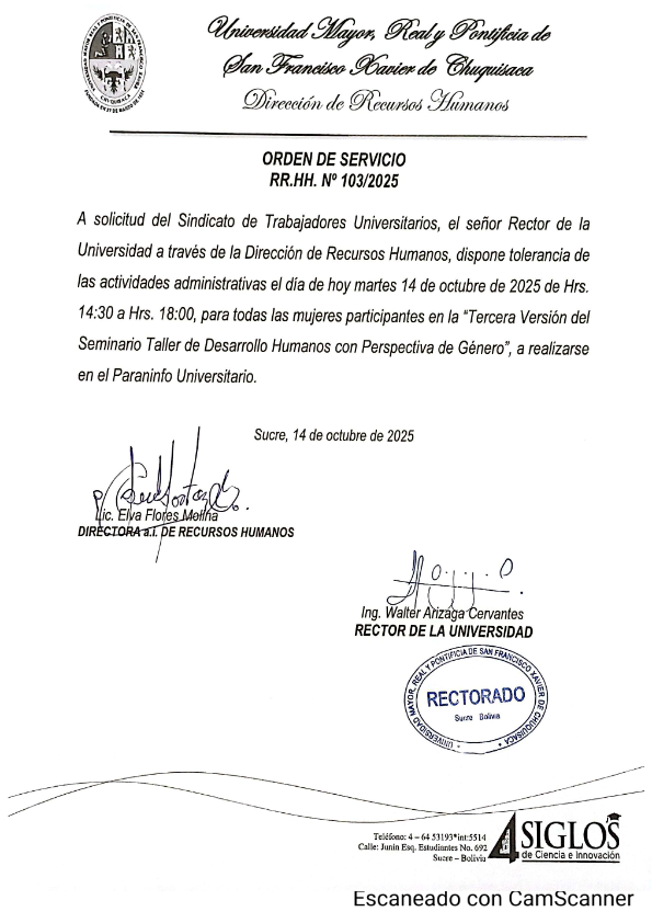 ORDEN DE SERVICIO RR.HH. Nº 103/2025, TOLERANCIA ACTIVIDADES ADMINISTRATIVAS, SEMINARIO TALLER DE DESARROLLO HUMANO CON PERSPECTIVA DE GÉNERO