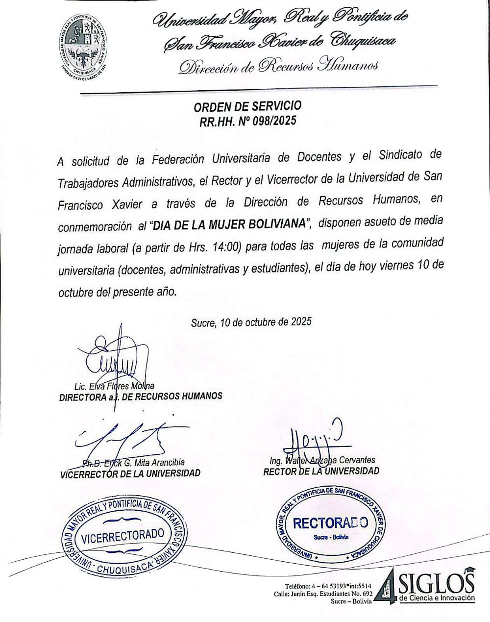 ORDEN DE SERVICIO RR.HH. Nº 098/2025, ASUETO DE MEDIA JORNADA LABORAL POR EL DÍA DE LA MUJER BOLIVIANA 2025.