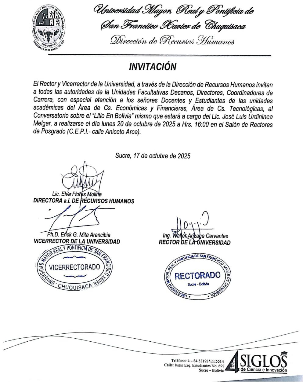INVITACIÓN CONVERSATORIO SOBRE EL LITIO EN BOLIVIA, A CARGO DEL LIC. JOSE LUIS URDININEA MELGAR, 20/10/2025.