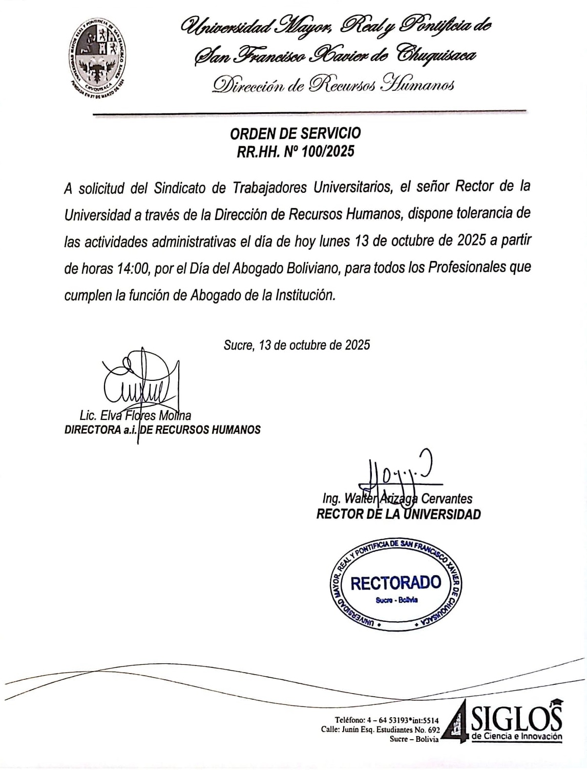 ORDEN DE SERVICIO RR.HH. Nº 100/2025, TOLERANCIA EN ACTIVIDADES ADMINISTRATIVAS, DÍA DEL ABOGADO BOLIVIANO 13/10/2025.