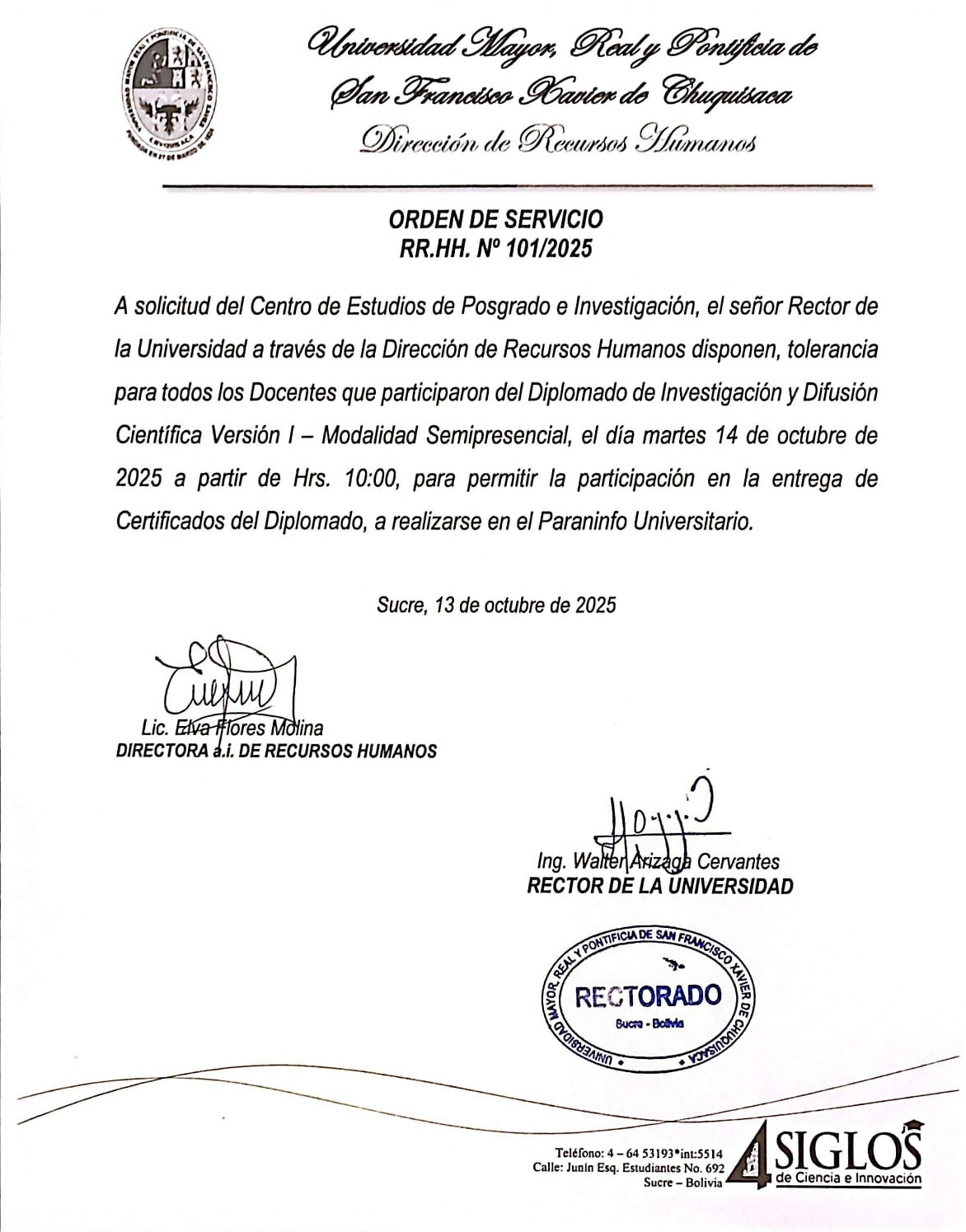 ORDEN DE SERVICIO RR.HH. Nº 101/2025, TOLERANCIA ACTIVIDADES ACADÉMICAS, DIPLOMADO EN INVESTIGACIÓN Y DIFUSIÓN CIENTÍFICA V1, 14/10/2025.