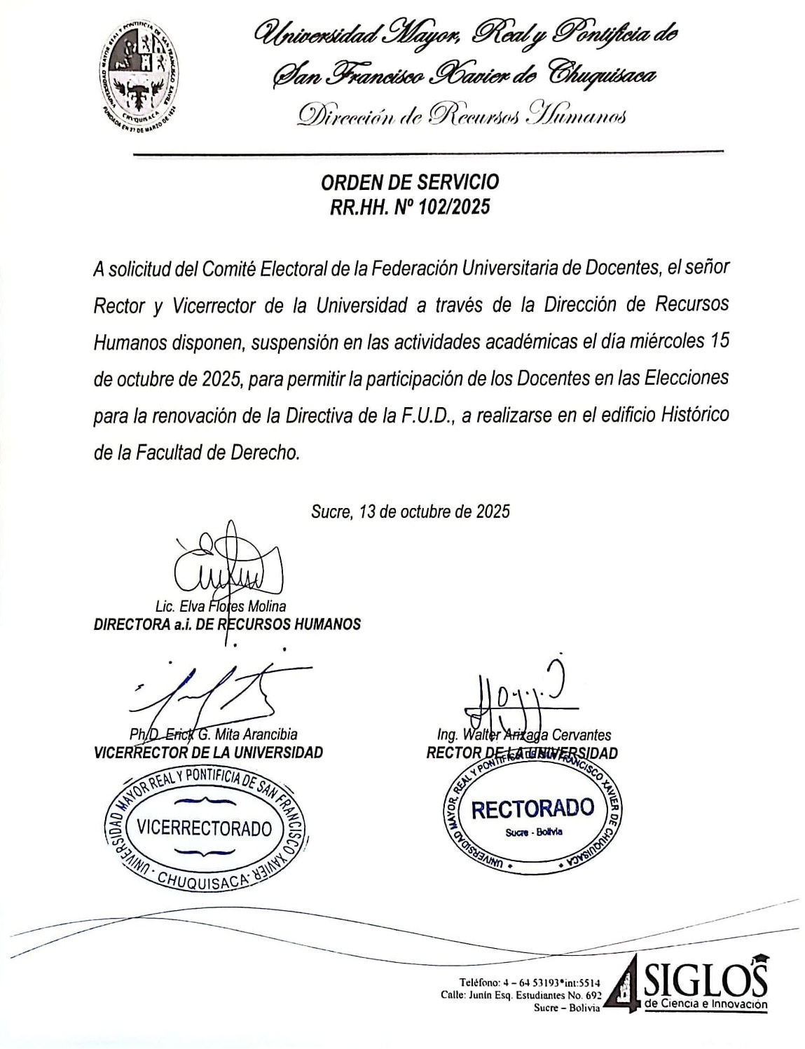ORDEN DE SERVICIO RR.HH. Nº 102/2025, SUSPENSIÓN DE ACTIVIDADES ACADÉMICAS, ELECCIONES DE LA FUD 2025-2027, 15/10/2025