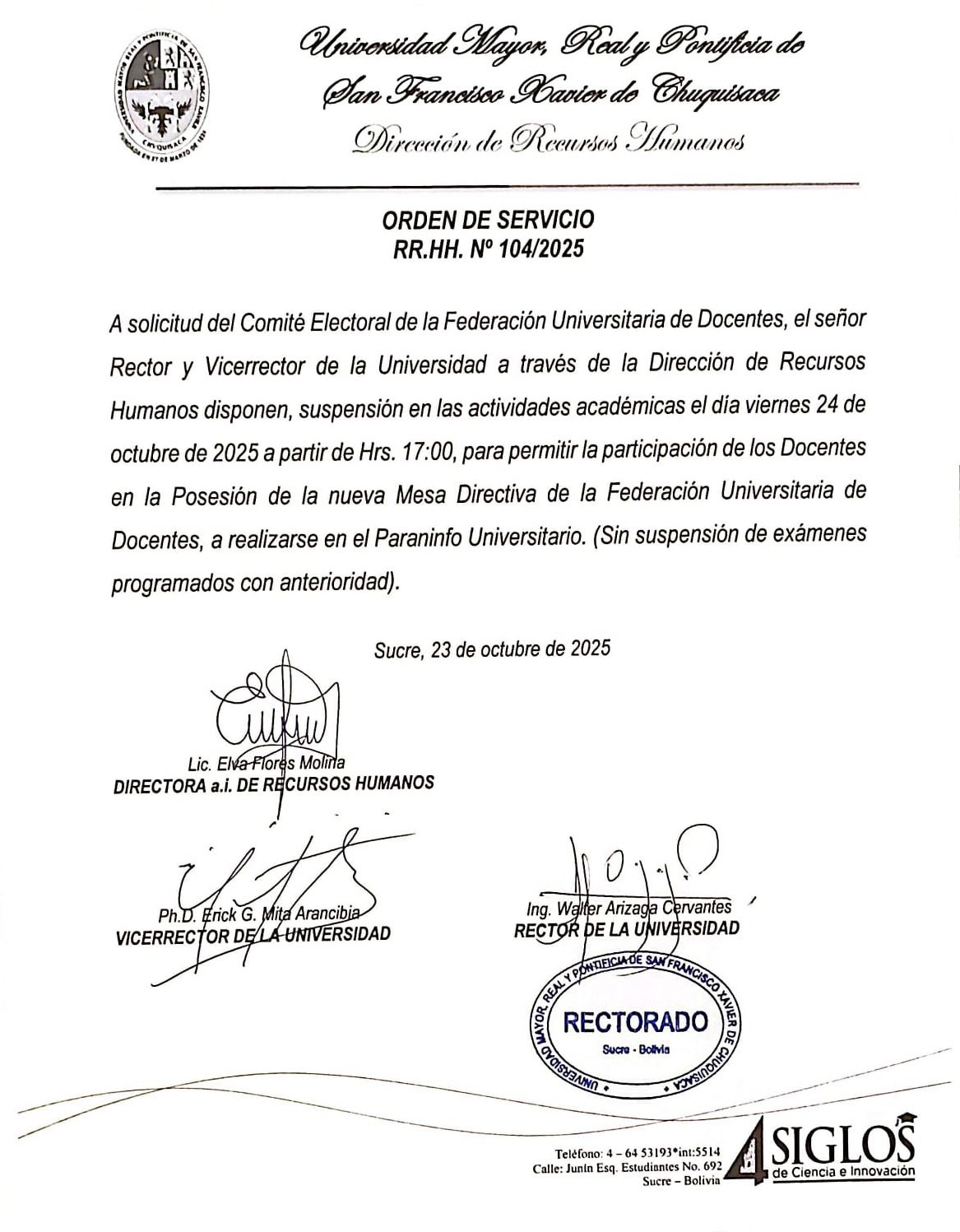 ORDEN DE SERVICIO RR.HH. Nº 104/2025, SUSPENSIÓN DE ACTIVIDADES ACADÉMICAS POSESIÓN NUEVA DIRECTIVA FUD, 24/10/2025.