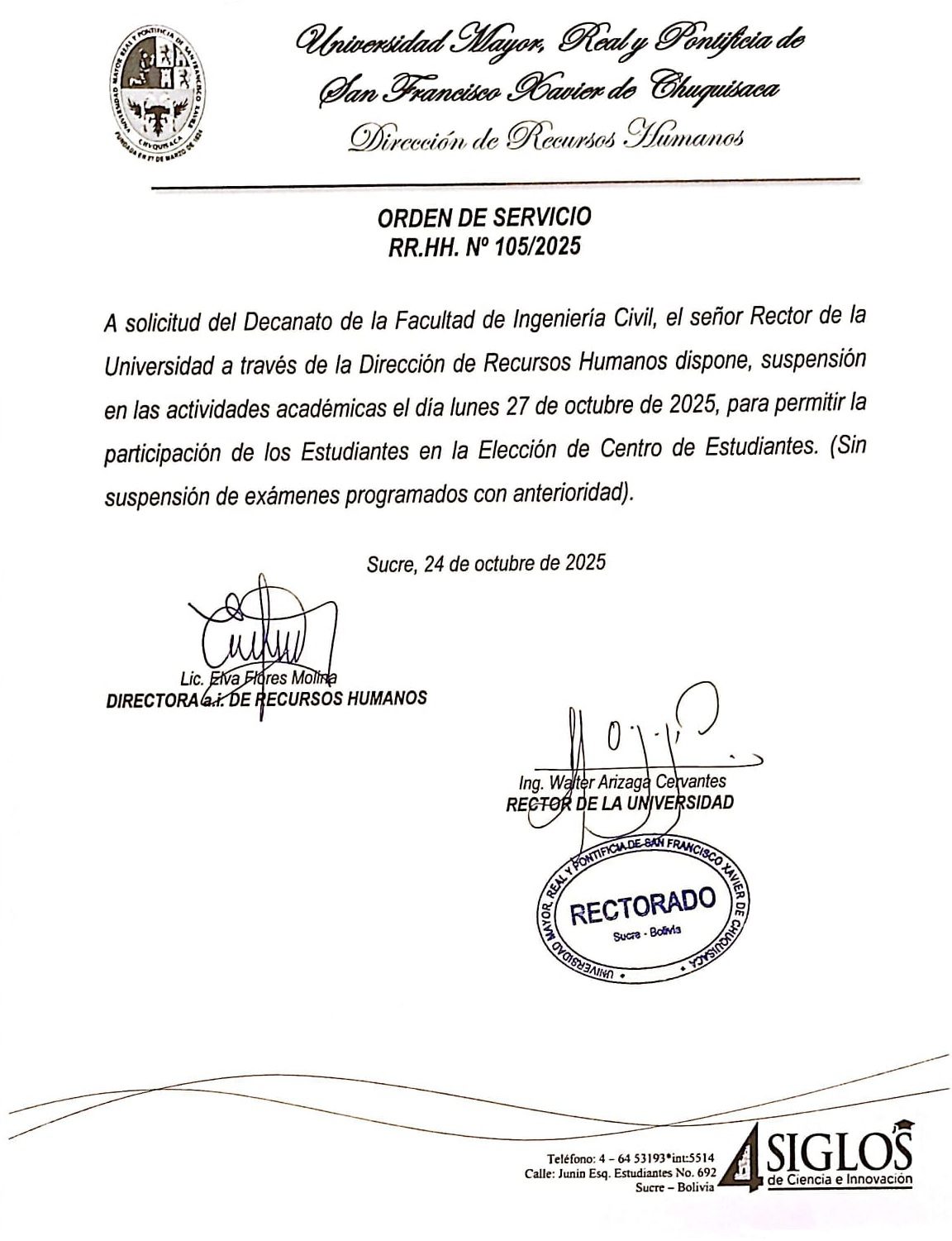 ORDEN DE SERVICIO RR.HH. Nº 105/2025, SUSPENSIÓN DE ACTIVIDADES ACADÉMICAS, ELECCIONES CENTRO DE ESTUDIANTES FACULTAD DE INGENIERÍA CIVIL, 27/10/2025