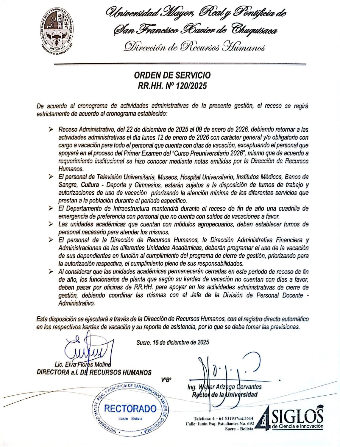 ORDEN DE SERVICIO RR.HH. Nº 120/2025, CRONOGRAMA RECESO EN ACTIVIDADES ADMINISTRATIVAS UMRPSFXCH 2025.