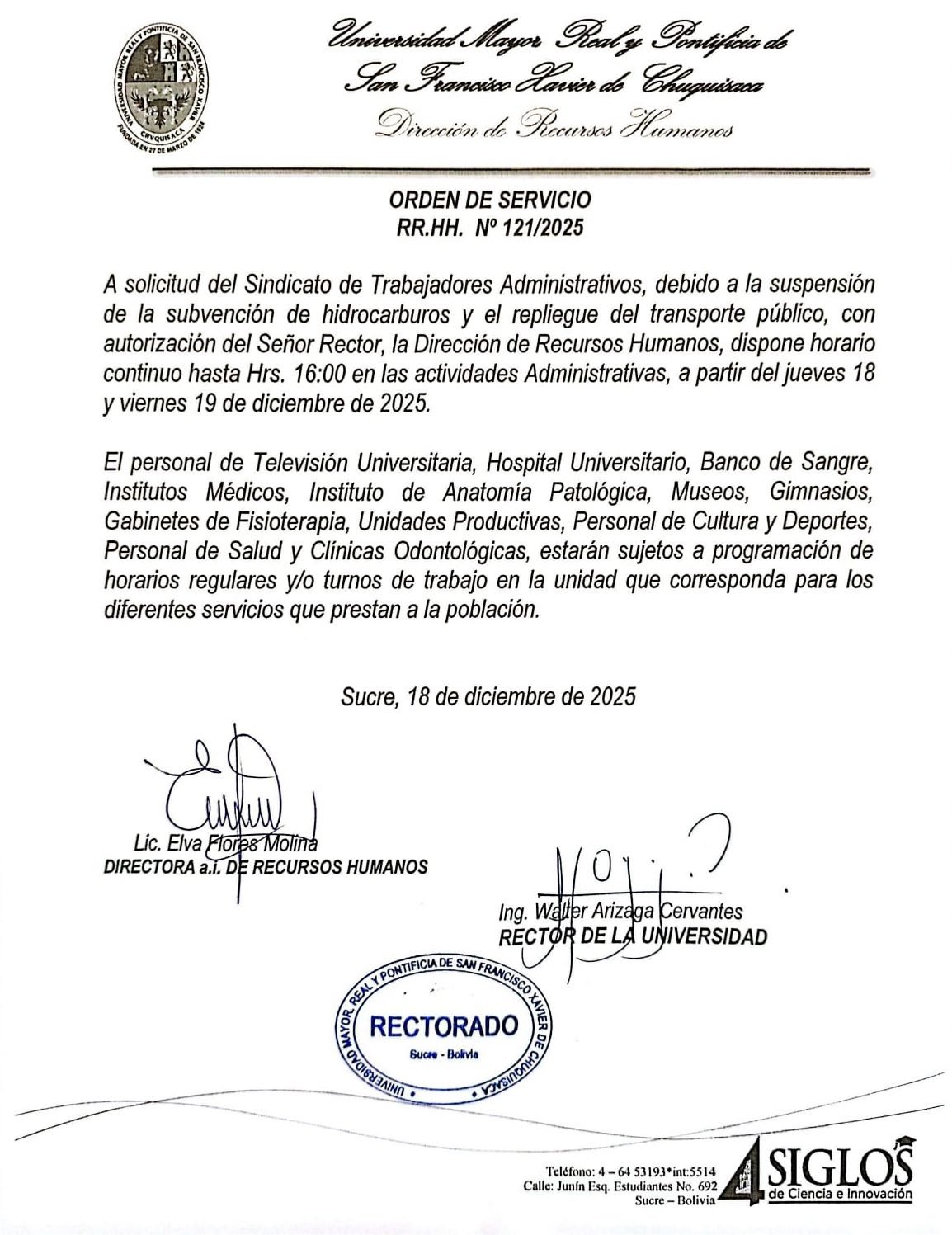ORDEN DE SERVICIO RR.HH. Nº 121/2025, HORARIO CONTINUO EN ACTIVIDADES ADMINISTRATIVA 18 Y 19 DE DICIEMBRE DEL 2025.