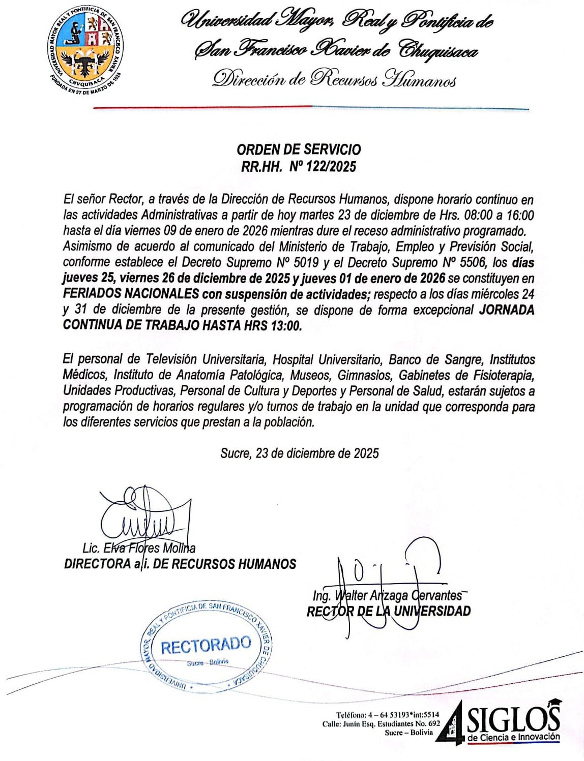 ORDEN DE SERVICIO RR.HH. Nº 122/2025, HORARIO CONTINUO DURANTE EL RECESO Y FERIADOS DE FIN DE AÑO 2025.