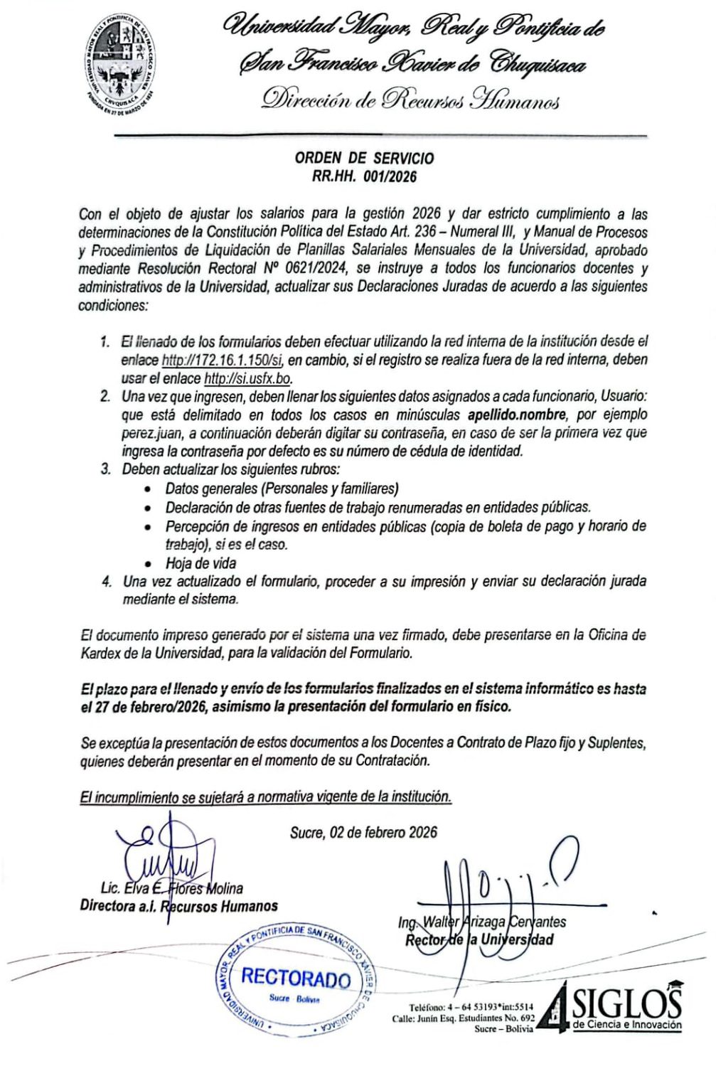 ORDEN DE SERVICIO RR.HH. Nº 001/2026,  ACTUALIZACIÓN DE DECLARACIONES JURADAS ANTE LA UNIVERSIDAD 2026.