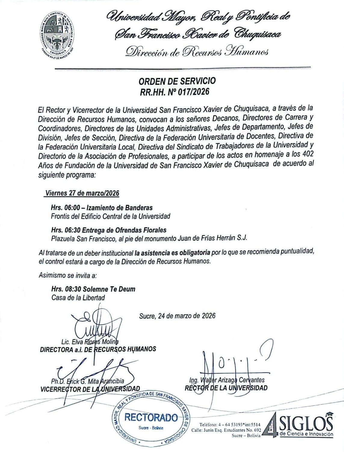 ORDEN DE SERVICIO RR.HH. Nº 017/2026, ACTOS EN HOMENAJE A LOS 402 DE FUNDACIÓN DE LA UMRPSFXCH, 27/03/2026.
