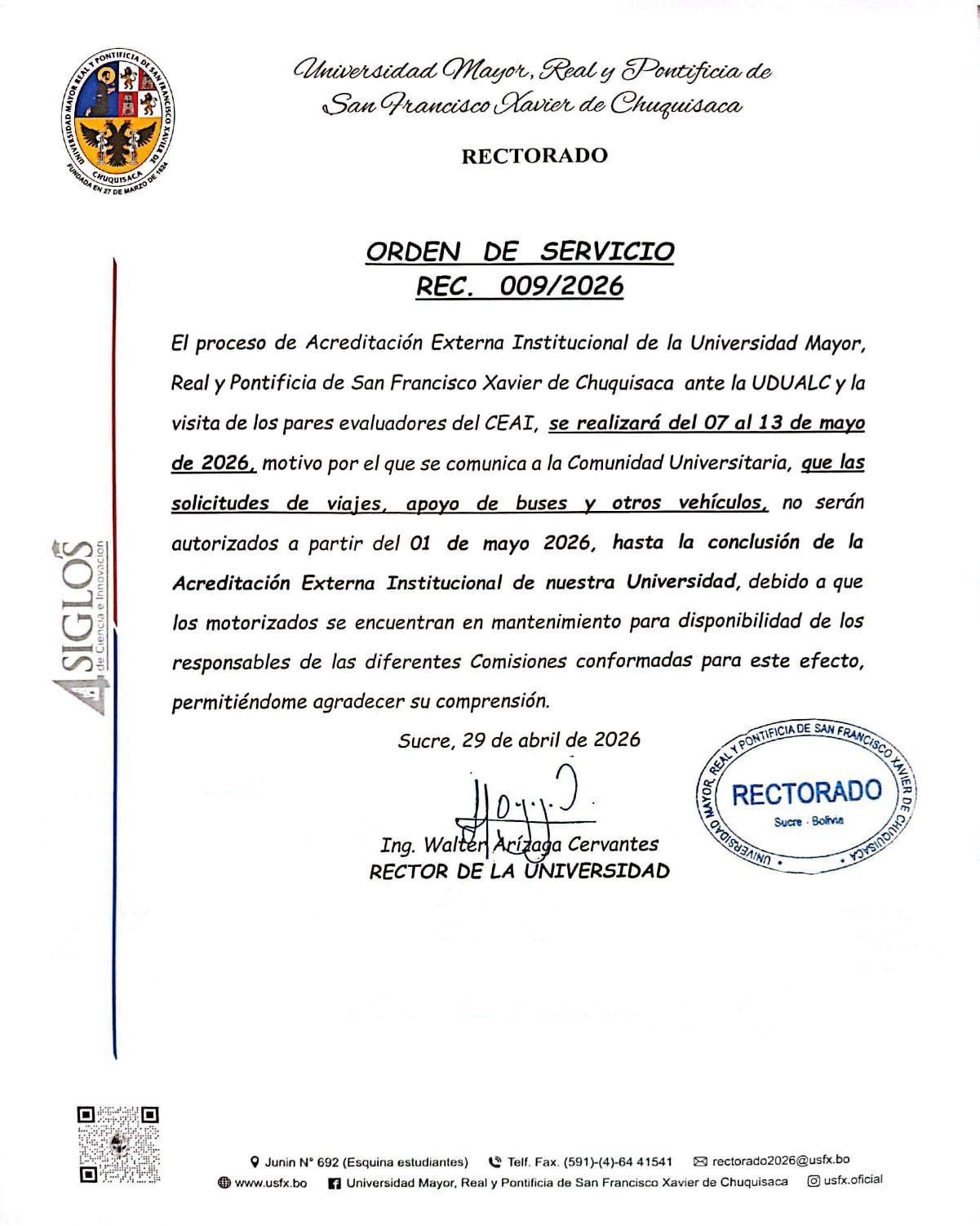 ORDEN DE SERVICIO RECTORAL. Nº 009/2026, SOLICITUDES DE VIAJE Y APOYO DE VEHÍCULOS QUEDAN SUSPENDIDOS DEL 07 AL 13 DE MAYO DEL 2026 POR ACREDITACIÓN UDUALC.