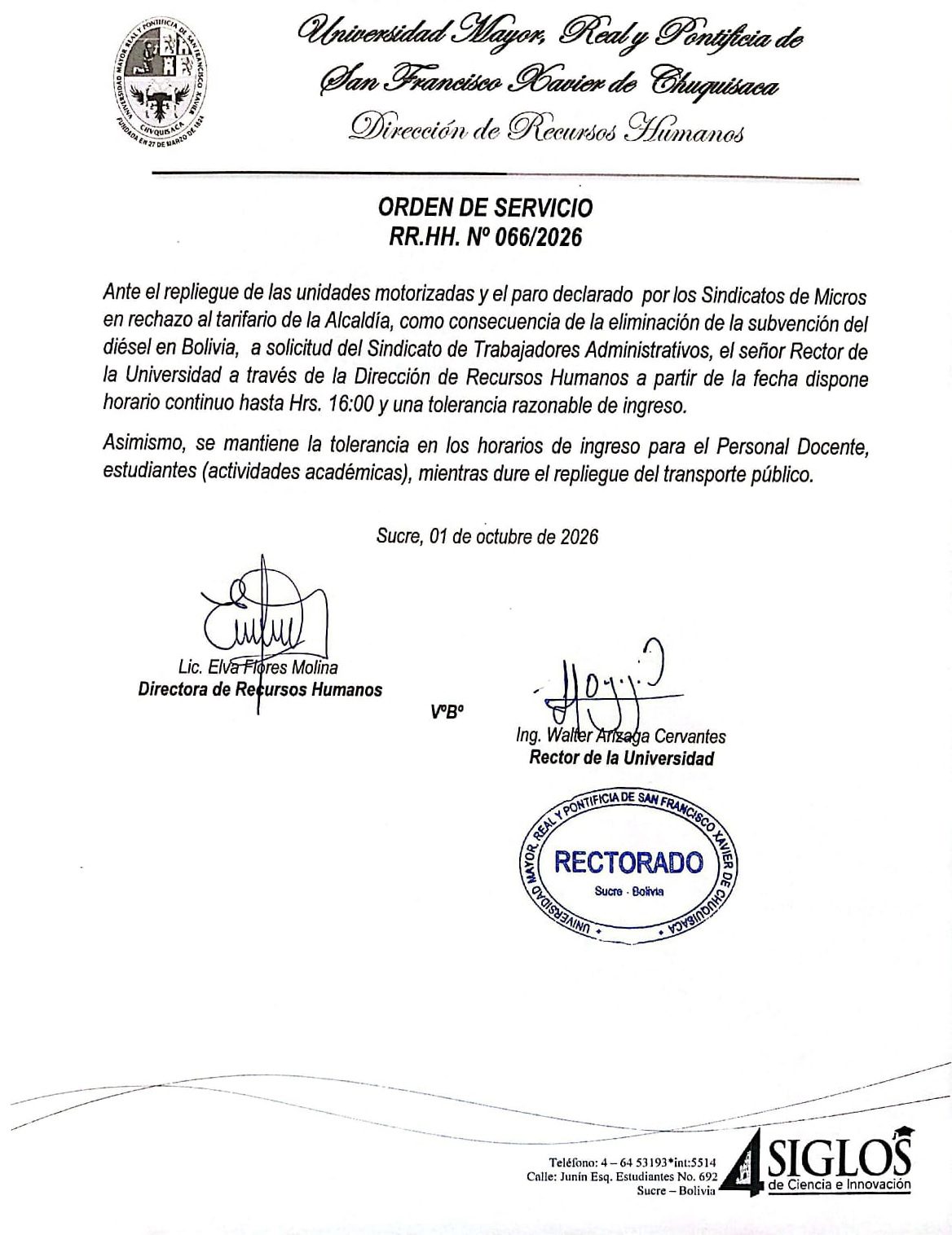 ORDEN DE SERVICIO RRHH Nº 066/2026, SE DISPONE HORARIO CONTINUO A PARTIR DE LA FECHA 01/10/2026.